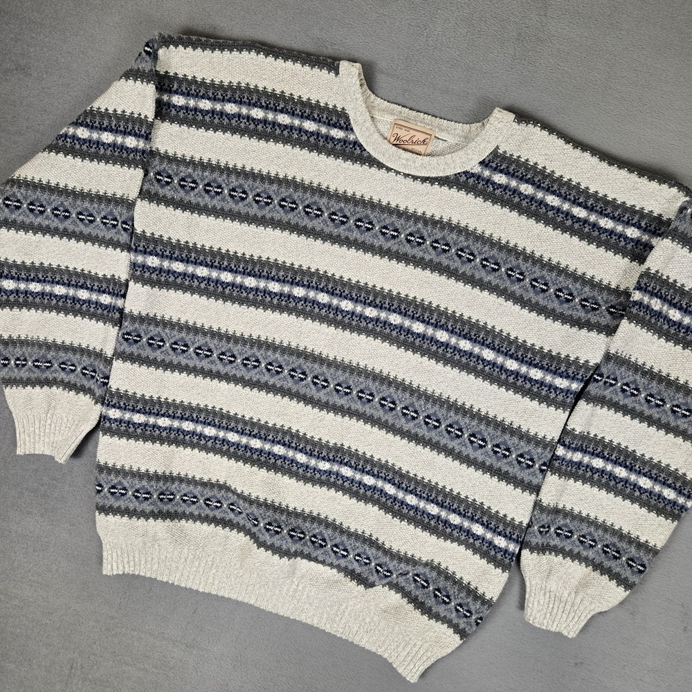 Woolrich Sweater Mens Large Vintage Knit Cotton Faireisle Aztec Striped USA Made